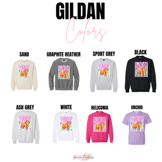 Gildan crewneck chart for highland moo-d top in sand, graphite heather, sport grey, black, ash grey, white, heliconia, orchid
