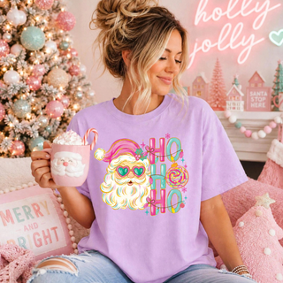 Ho Ho Ho Retro Santa Tee - colorful retro Santa graphic with heart-shaped sunglasses on a Lilac Comfort Colors tee