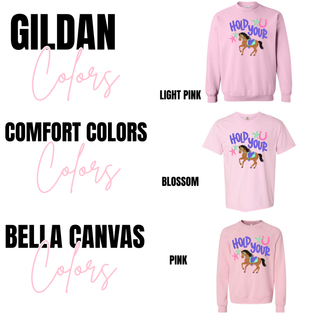 Color options showing Gildan light pink crewneck, Comfort Colors blossom tee, and Bella Canvas pink crewneck
