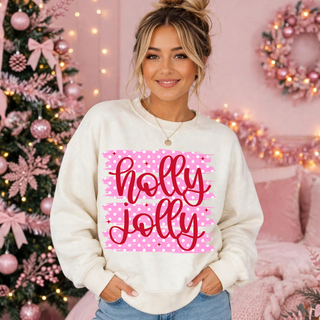 Holly Jolly Polka Dot Top - stacked holly jolly script design on pink polka dot patch background