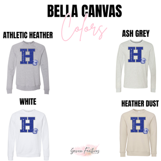 Holton Wildcats distressed letter H design shown on Bella Canvas sweatshirts in athletic heather, ash grey, white, and heather dust