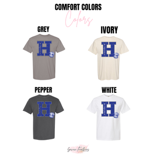 Holton Wildcats distressed letter H design shown on Comfort Colors tees in grey, ivory, pepper, and white