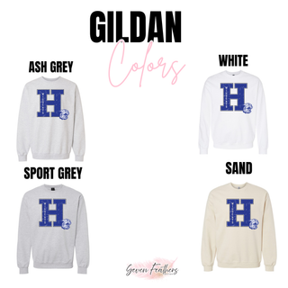 Holton Wildcats distressed letter H design shown on Gildan garments in ash grey, white, sport grey, and sand