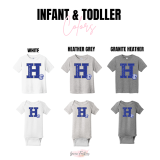 Holton Wildcats distressed letter H infant and toddler tee and bodysuit in white, heather grey, and granite heather