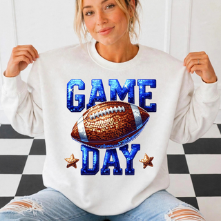 White crewneck sweatshirt with faux sequin Game Day football graphic in navy and gold with stars, for Holton Wildcats