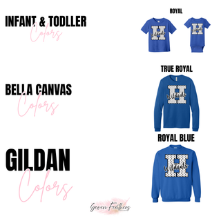 Color chart showing Infant and Toddler royal, Bella Canvas true royal, and Gildan royal blue for the Holton Wildcats polka dot letter H design