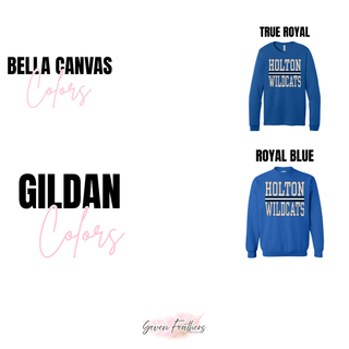 Holton Wildcats Stacked Polka Dot Graphic Top Bella Canvas true royal long sleeve tee and Gildan royal blue crewneck