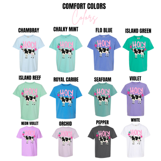 Comfort Colors adult tee color options for holy cow graphic in chambray, violet, and pepper
