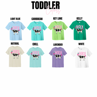 Toddler tee color options for holy cow graphic in lavender, caribbean, and key lime
