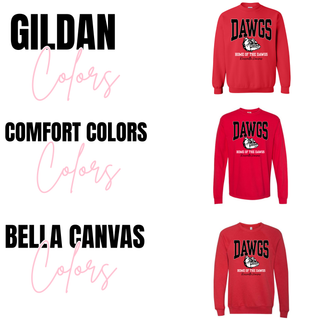 Red short sleeve shirt options for Gildan, Comfort Colors, and Bella Canvas with DAWGS arched varsity letters, bulldog mascot, HOME OF THE DAWGS, Rossville Kansas design