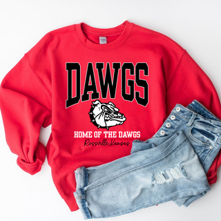 Red short sleeve shirt with black DAWGS arched varsity letters, bulldog mascot, HOME OF THE DAWGS text, and Rossville, Kansas script, styled with jeans