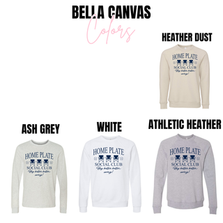 Bella Canvas Home Plate Social Club long sleeves and crewnecks in heather dust, ash grey, white, and athletic heather
