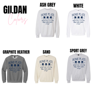 Gildan Home Plate Social Club crewneck in ash grey, white, graphite heather, sand, and sport grey
