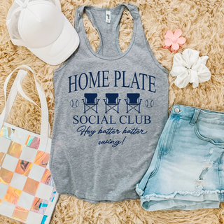 Athletic heather racerback tank flat lay with HOME PLATE SOCIAL CLUB Hey batter batter swing baseball chair design in navy
