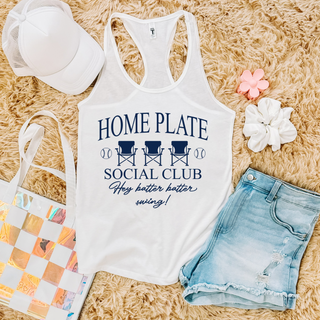 White racerback tank flat lay with HOME PLATE SOCIAL CLUB Hey batter batter swing baseball chair design in navy
