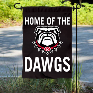 black garden flag with white home of the dawgs text and bulldog mascot with red spiked collar displayed on garden stand