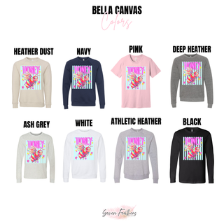 Bella Canvas chart for honey bee top in heather dust, navy, pink, deep heather, ash grey, white, athletic heather, black
