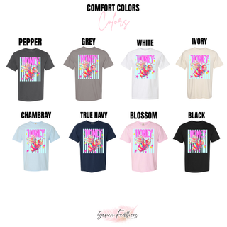 Comfort Colors tee chart for honey bee top in pepper, grey, white, ivory, chambray, true navy, blossom, and black
