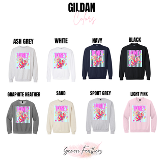 Gildan crewneck chart for honey bee top in ash grey, white, navy, black, graphite heather, sand, sport grey, light pink

