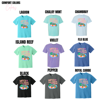 Hotter Than a Hoochie Coochie Comfort Colors tees in lagoon, chalky mint, chambray, island reef, violet, flo blue, black, pepper, and royal caribe

