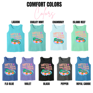 Comfort Colors tanks in lagoon, chalky mint, chambray, island reef, flo blue, violet, black, pepper, and royal caribe