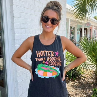Woman in sunglasses wearing pepper tank with alligator pool float graphic and bold retro lettering