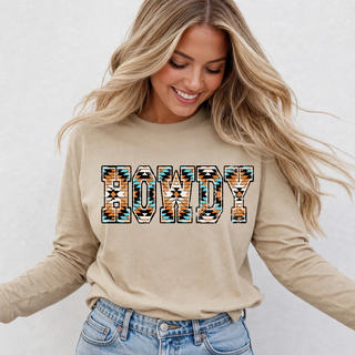 Howdy distressed aztec sand Bella Canvas crewneck sweatshirt lifestyle photo - Seven Feathers Boutique