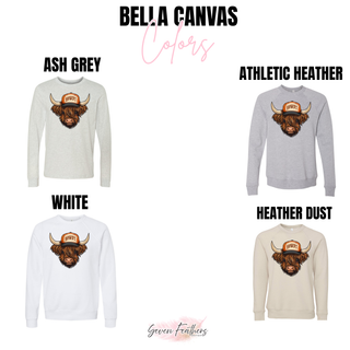 Howdy Highland Cow Top Bella Canvas long sleeve and crewneck sweatshirt in ash grey, athletic heather, white, and heather dust