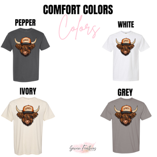 Howdy Highland Cow Top Comfort Colors t-shirt in pepper, white, ivory, and grey