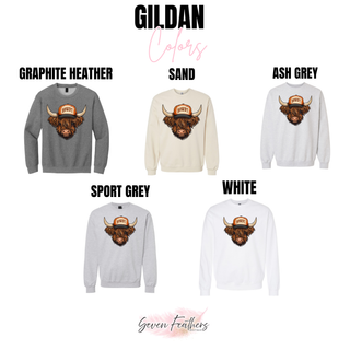 Howdy Highland Cow Top Gildan crewneck sweatshirt in graphite heather, sand, ash grey, sport grey, and white