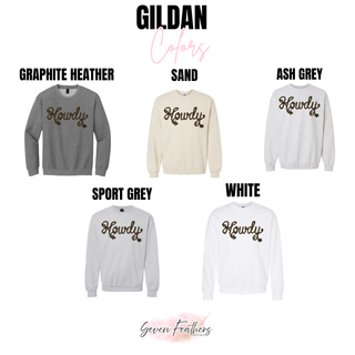 Howdy rope letter Gildan crewneck sweatshirt color options - Seven Feathers Boutique