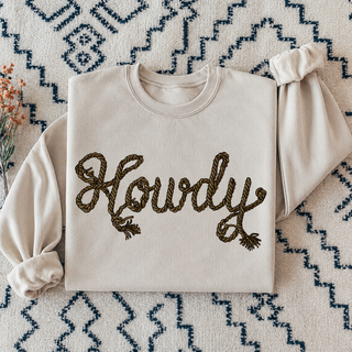 Howdy rope letter sand Bella Canvas crewneck sweatshirt lifestyle photo - Seven Feathers Boutique