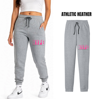 Hype Basketball Boxed Core Fleece Joggers in Athletic Heather Grey with pink and black boxed HYPE Basketball design on the leg