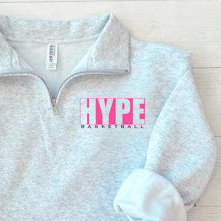 Hype Basketball Boxed NuBlend Fleece Quarter-Zip in Ash Grey closeup, pink and black boxed HYPE Basketball design on the left chest