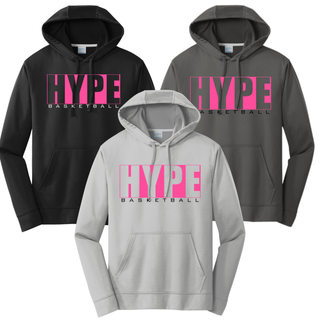 Hype Basketball Boxed Performance Fleece Hoodie in Black, Charcoal, and Silver with pink and black boxed HYPE Basketball design