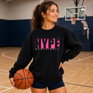 Hype Basketball Boxed Top lifestyle photo, black crewneck with pink and black boxed HYPE Basketball design