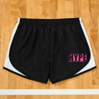 Hype Basketball Boxed Women's Cadence Performance Shorts in Black with white trim, pink and black boxed HYPE Basketball design
