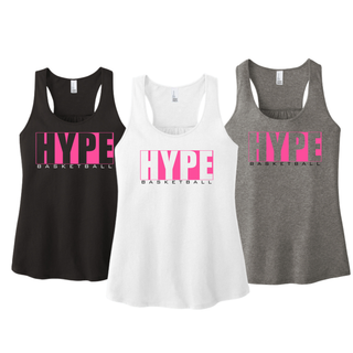 Hype Basketball Boxed Women's Racerback Tanks in Black, White, and Grey Frost