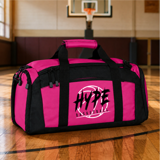 Hype Basketball Duffel Bag in pink and black with HYPE BASKETBALL logo on the front pocket