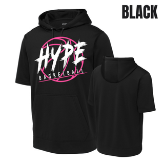 Hype Basketball Logo Fleece Short Sleeve Hooded Pullover in black, front and back view