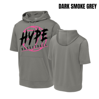 Hype Basketball Logo Fleece Short Sleeve Hooded Pullover in dark smoke grey, front and back view