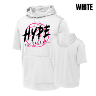 Hype Basketball Logo Fleece Short Sleeve Hooded Pullover in white, front and back view