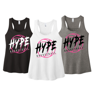 Hype Basketball Logo Women's Racerback Tanks in Black, White, and Grey Frost