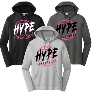 Hype Basketball Personalized Performance Fleece Hoodie in black, charcoal, and silver with HYPE BASKETBALL logo front view