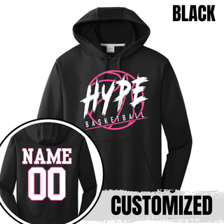 Hype Basketball Personalized Performance Fleece Hoodie in black with HYPE BASKETBALL logo front and personalized name and number on back