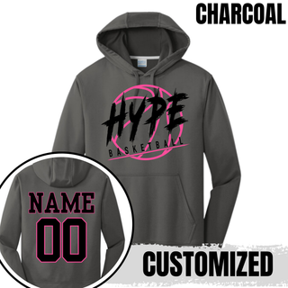 Hype Basketball Personalized Performance Fleece Hoodie in charcoal with HYPE BASKETBALL logo front and personalized name and number on back