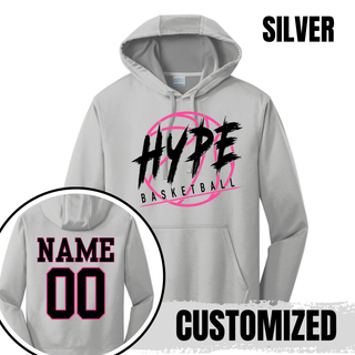 Hype Basketball Personalized Performance Fleece Hoodie in silver with HYPE BASKETBALL logo front and personalized name and number on back