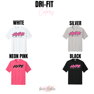 Hype Basketball Script Dri-Fit Performance Tee Colors, White, Silver, Neon Pink, and Black