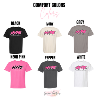 Hype Basketball Script Top Comfort Colors, Black, Ivory, Grey, Neon Pink, Pepper, and White