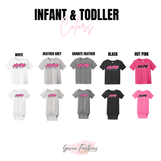 Hype Basketball Script Top Infant and Toddler Colors, White, Heather Grey, Granite Heather, Black, and Hot Pink